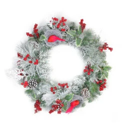 Berries And Red Cardinals In Nests Flocked Artificial Christmas Wreath, 24-Inch, Unlit