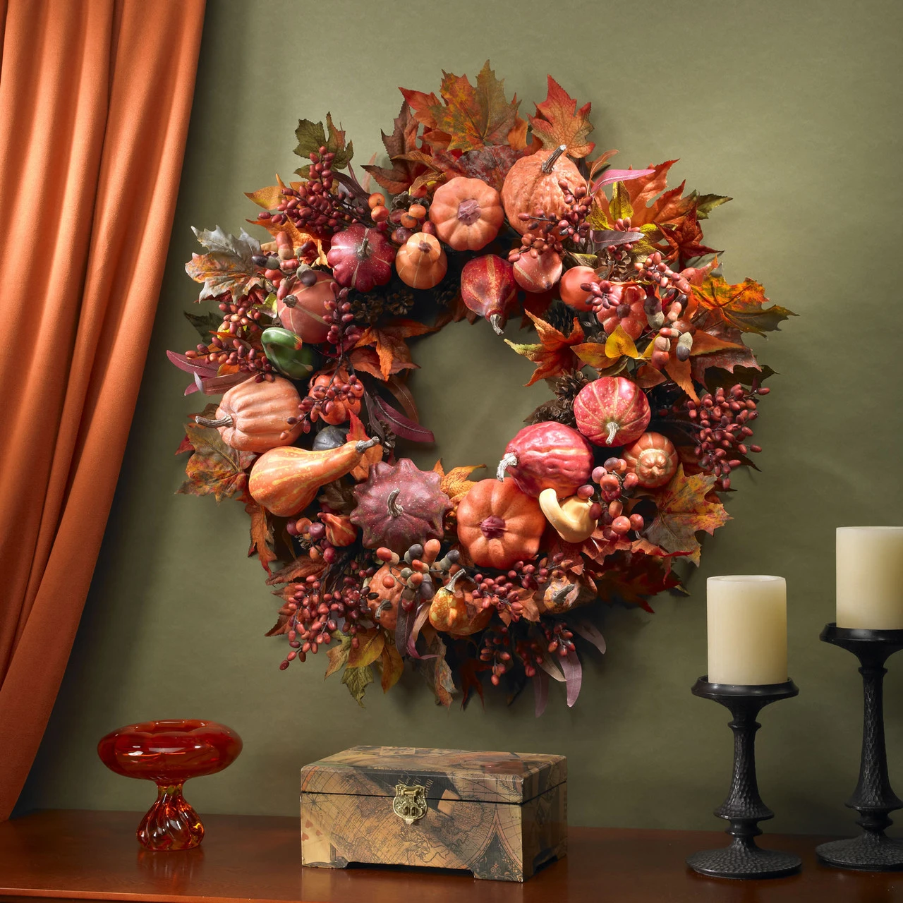 Autumn Harvest Maple Berries And Pinecones Wreath, Orange - 28-Inch 5 Autumn Harvest Maple Berries And Pinecones Wreath, Orange - 28-Inch - Image 3