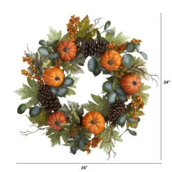 Pumpkins Pine Cones And Berries Fall Artificial Wreath, Green And Orange - 24-Inch -Beauty Wreaths Shop 4701 2 86141.1681814387