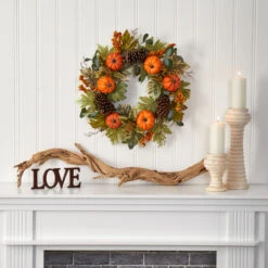 Pumpkins Pine Cones And Berries Fall Artificial Wreath, Green And Orange - 24-Inch -Beauty Wreaths Shop 4701 3 08138.1681814388