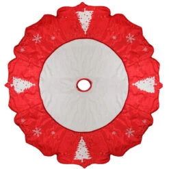 54" Red And White Embroidered Jeweled Tree With Snowflake Christmas Tree Skirt
