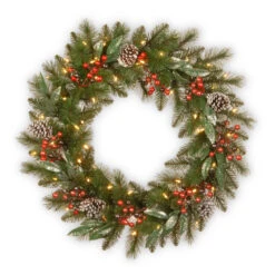 24" Pre-Lit Frosted Pine Berry Artificial Christmas Wreath -LED Lights Battery Operated