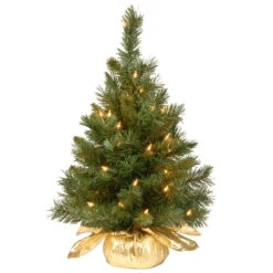 2’ Pre-lit Potted Majestic Fir Tree Artificial Christmas Tree In Gold Cloth Bag – Clear Lights