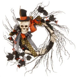 Skeleton With Necktie Ribbons Halloween Wreath, Black And White 24-Inch
