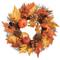 Pumpkins And Maple Leaves Halloween Wreath, Orange And Yellow 16-Inch