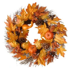 Maple Leaves And Pumpkins Halloween Wreath, Orange And Yellow 24-Inch