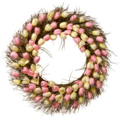 Yellow And Pink Tulip Artificial Wreath - 32-Inch, Unlit