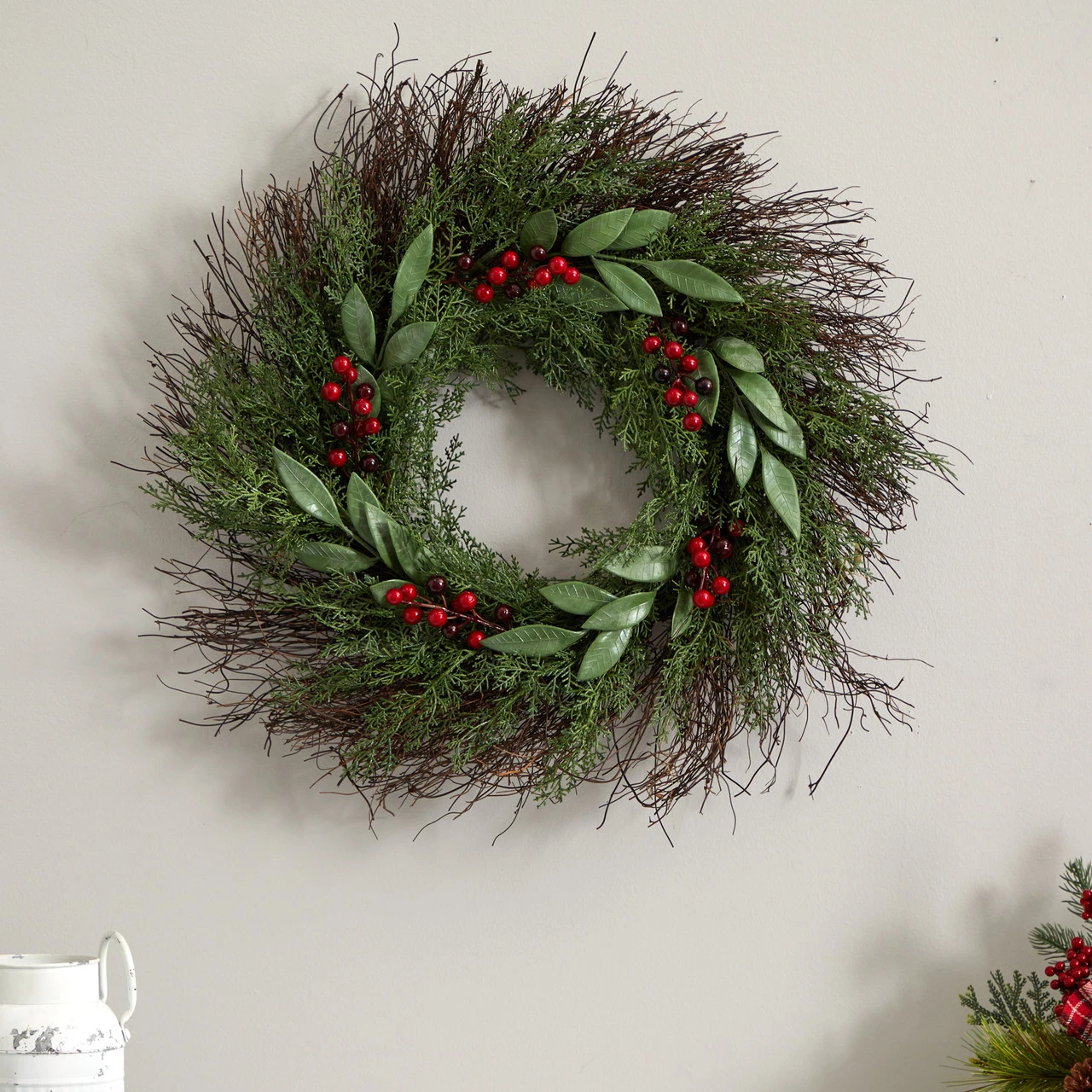 Green And Red Artificial Cedar And Ruscus With Berries Christmas Wreath, 20-Inch 6 Green And Red Artificial Cedar And Ruscus With Berries Christmas Wreath, 20-Inch - Image 4