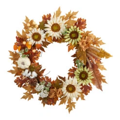 Sunflower, Pumpkin, And Berries Artificial Fall Harvest Wreath, 30-Inch
