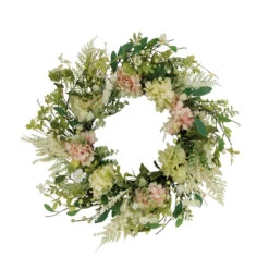 24" Green And White Puleo International Artificial Hydrangea And Dogwood Floral Spring Wreath