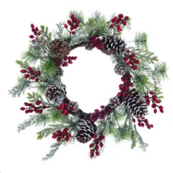 Pinecone And Berries Christmas Holly Wreath, Green 20-Inch