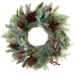 Pre-Lit Green And Red Winter Frost Artificial Christmas Wreath, 24-Inch, Clear LED Lights -Beauty Wreaths Shop dvlc20v 20678 lt 3 02414.1668074524