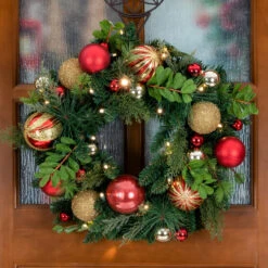 Pre-Lit Red And Green Artificial Classic Christmas Wreath, 24-Inch, Clear LED Lights -Beauty Wreaths Shop dvlc20v 20710 lt 2 16136.1668074638