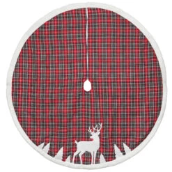 48" Red And Black Plaid Reindeer Christmas Tree Skirt