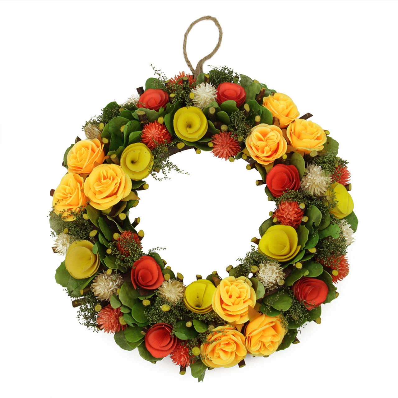Orange And Yellow Flowers With Moss And Twig Artificial Floral Spring Wreath, 12-Inch 3 Orange And Yellow Flowers With Moss And Twig Artificial Floral Spring Wreath, 12-Inch