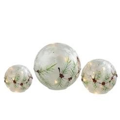 Set Of 3 LED Frosted Snowball Berries And Pine Glass Christmas Globes With Timer - 8" -Beauty Wreaths Shop melrose 68368 1 87698.1667576746