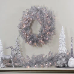 36" Pre-Lit Silver Tinsel Artificial Christmas Wreath, Clear Lights -Beauty Wreaths Shop northlight gb91007 5updated 54607.1677642790
