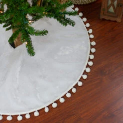 36" White Christmas Tree Skirt With A Pom Pom Border And Tie Backs
