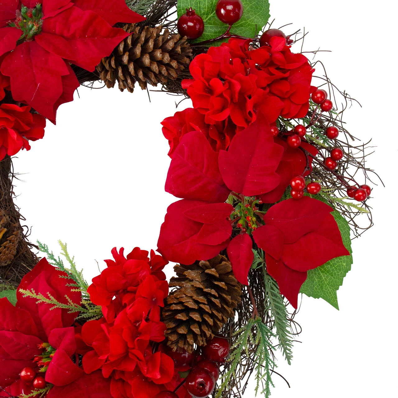 Red Poinsettia And Hydrangea Flowers With Berries Artificial Christmas Wreath - 24-Inch, Unlit 4 Red Poinsettia And Hydrangea Flowers With Berries Artificial Christmas Wreath - 24-Inch, Unlit - Image 2