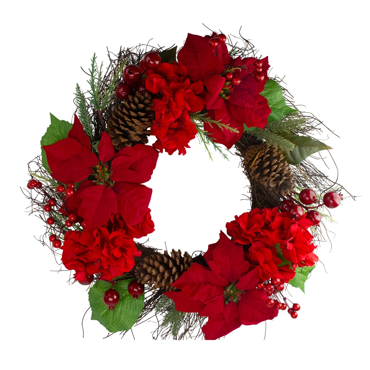 Red Poinsettia And Hydrangea Flowers With Berries Artificial Christmas Wreath - 24-Inch, Unlit 3 Red Poinsettia And Hydrangea Flowers With Berries Artificial Christmas Wreath - 24-Inch, Unlit