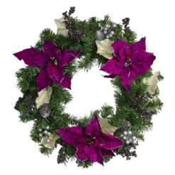 Purple Poinsettia And Silver Pine Cone Artificial Christmas Wreath - 24-Inch, Unlit