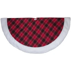 60" Red And Green Plaid Christmas Tree Skirt With White Sherpa Trim