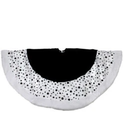 48" Black And White Glittered Polka Dot Christmas Tree Skirt With Faux Fur Trim