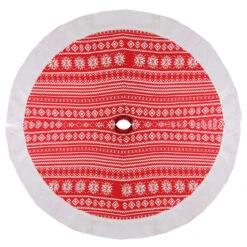 48" Red And White Knitted Snowflake Christmas Tree Skirt With Faux Fur Trim