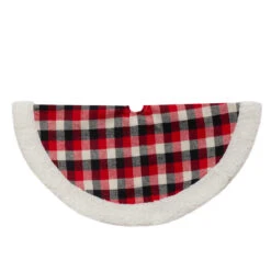 20-Inch Red, Black, And Ivory Plaid Mini Christmas Tree Skirt With Sherpa Trim
