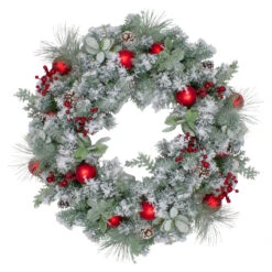 Flocked Artificial Mixed Pine And Red Ball And Berries Christmas Wreath, 40-Inch, Unlit