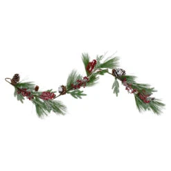 5.75' X 7" Green And Red Frosted Berries And Pinecones Artificial Christmas Garland - Unlit