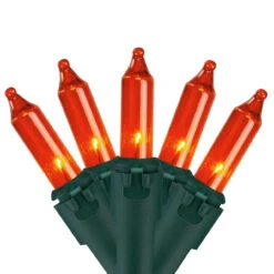 Set Of 100 Orange Mini Incandescent Christmas Lights 2.5" Spacing - Green Wire