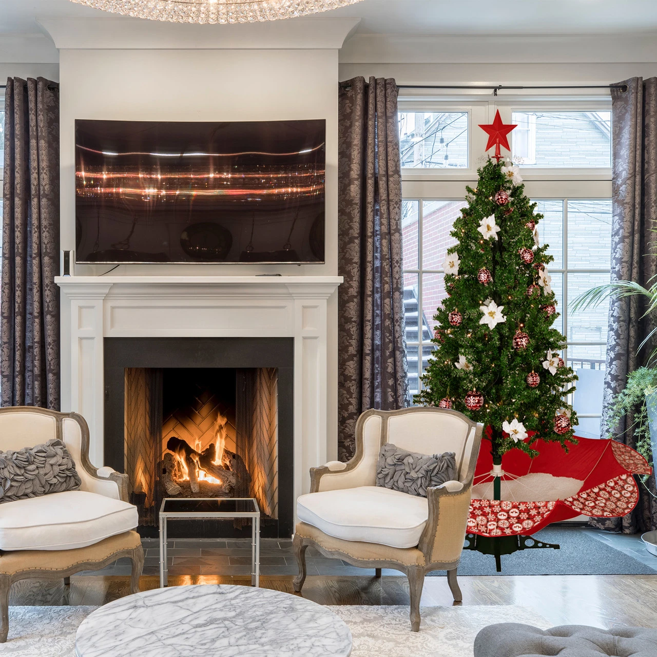 6' Green And Red Musical Lighted Snowing Artificial Christmas Tree, White LED Lights 7 6' Green And Red Musical Lighted Snowing Artificial Christmas Tree, White LED Lights - Image 5