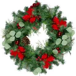 Pre-Decorated Red Poinsettia And Ornaments Artificial Christmas Wreath - 24 Inch, Unlit