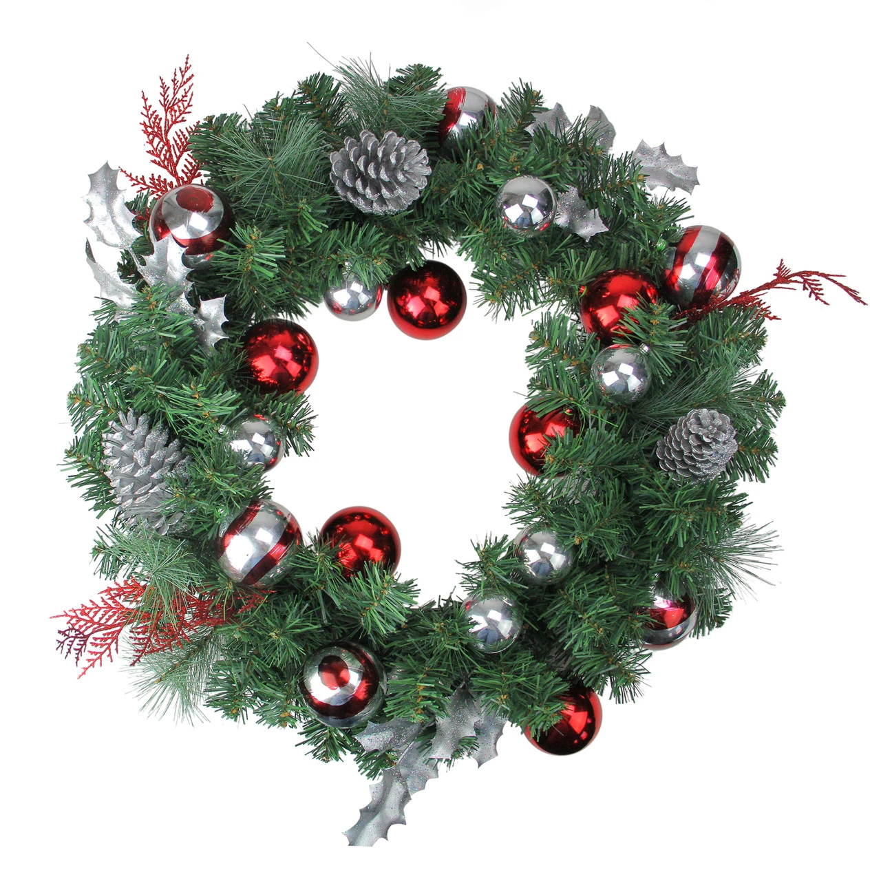 Red And Silver Ornaments Artificial Christmas Wreath - 24-Inch, Unlit 3 Red And Silver Ornaments Artificial Christmas Wreath - 24-Inch, Unlit