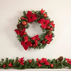 Poinsettia With Pinecone And Ball Artificial Christmas Wreath, 24-Inch, Unlit -Beauty Wreaths Shop northlight s84896 s84897 style 89051.1667683078