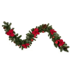 6' X 9" Red Pre-Decorated Poinsettia And Pine Cone Artificial Christmas Garland - Unlit