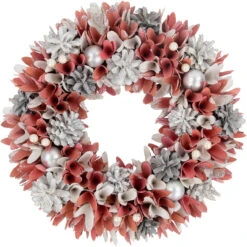13" Pink And White Wooden Floral Christmas Wreath With Pinecones