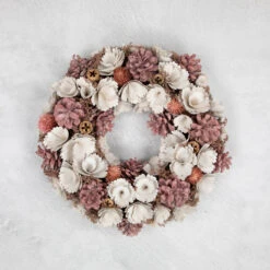 13" White And Pink Wooden Floral Christmas Wreath With Pinecones -Beauty Wreaths Shop northlight sh27004 ongray 64195.1680051732