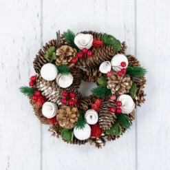 White Wooden Rose, Pine Cone And Berry Artificial Christmas Wreath, 10-Inch, Unlit -Beauty Wreaths Shop northlight sh36203 2 86918.1667655149