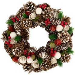 White Wooden Rose And Pine Cone With Berries Artificial Christmas Wreath,13.5-Inch, Unlit