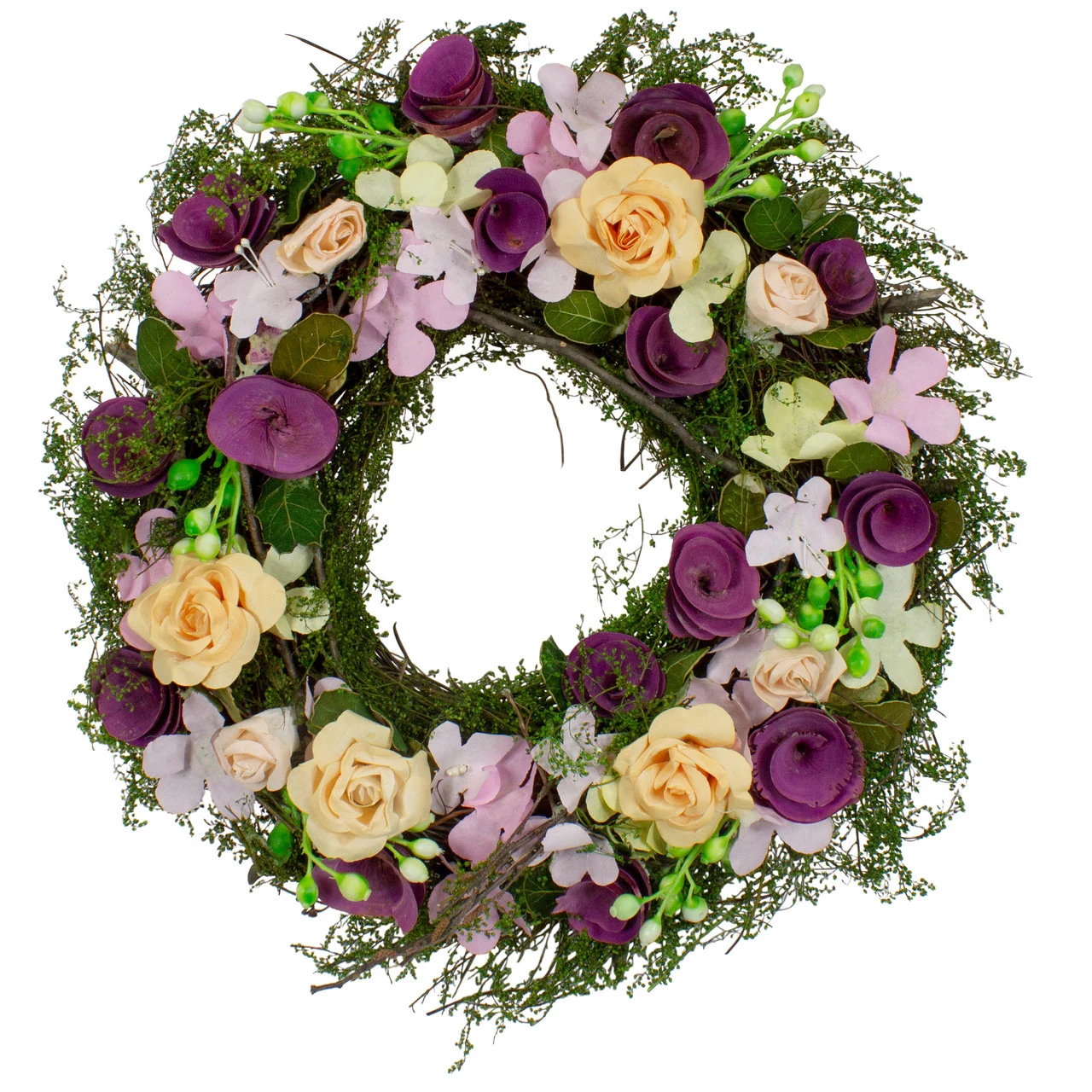 Purple And Green Floral, Berries And Twig Artificial Spring Floral Wreath, 14-Inch 3 Purple And Green Floral, Berries And Twig Artificial Spring Floral Wreath, 14-Inch