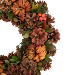 Orange And Green Fall Wreath With Pumpkins And Pinecones - 13.75 Inch, Unlit -Beauty Wreaths Shop northlight sh89571 2 50182.1669995122