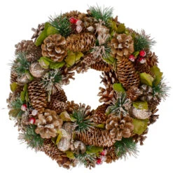 Green And Brown Frosted Pinecones And Bells Christmas Wreath - 13" Unlit