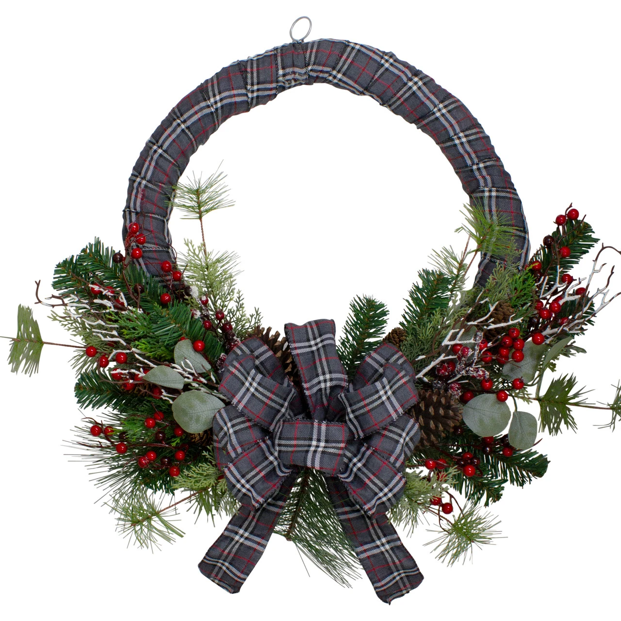 Gray And Red Plaid Artificial Christmas Wreath With Red Berries - 24-Inch, Unlit 3 Gray And Red Plaid Artificial Christmas Wreath With Red Berries - 24-Inch, Unlit