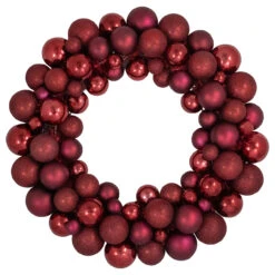 Burgundy 3-Finish Shatterproof Ball Christmas Wreath - 24", Unlit