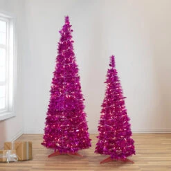 6' Pre-Lit Pink Tinsel Pop-Up Artificial Christmas Tree, Clear Lights -Beauty Wreaths Shop northlight sm92164 sm9215020copy 47818.1667530303