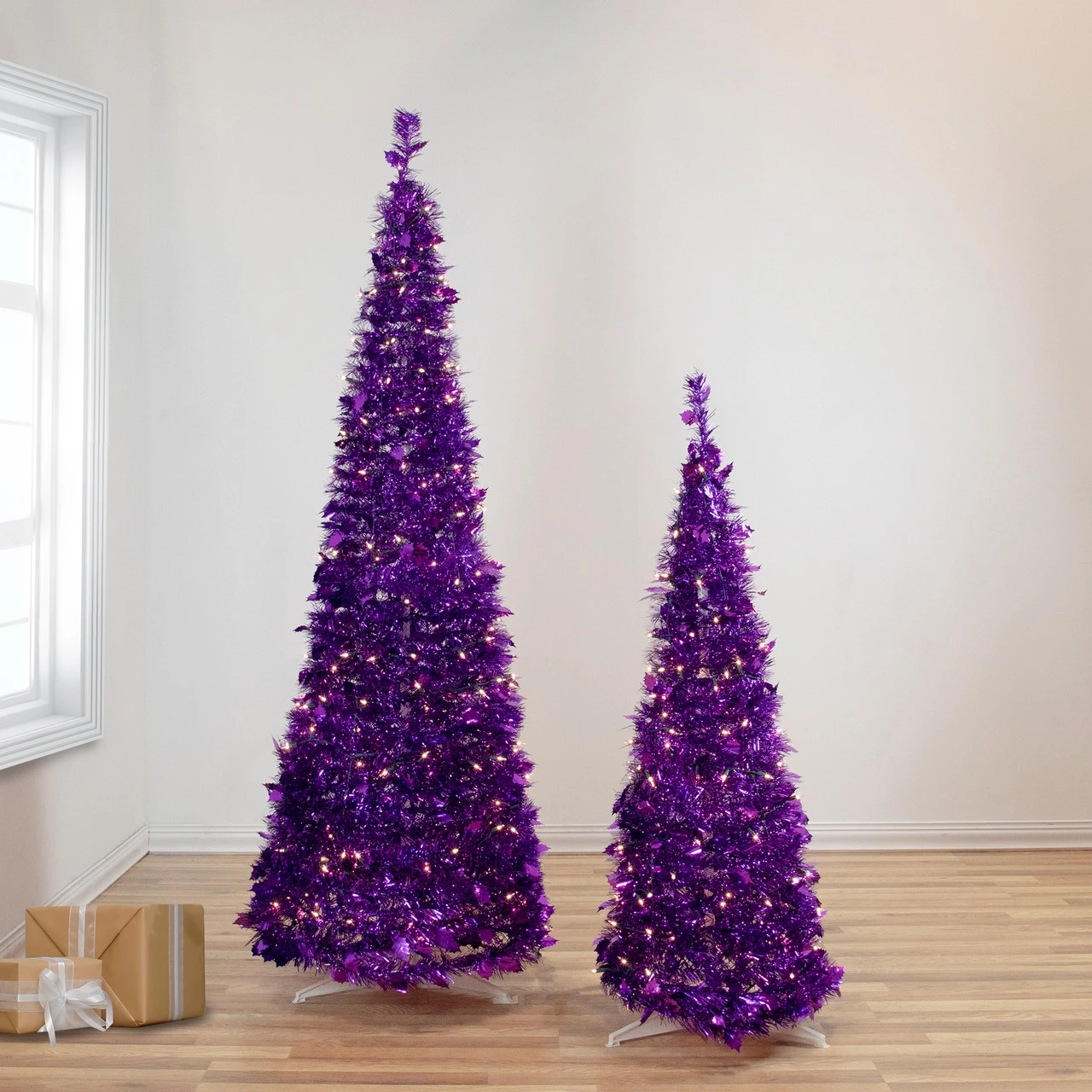 6' Pre-Lit Purple Tinsel Pop-Up Artificial Christmas Tree, Clear Lights 4 6' Pre-Lit Purple Tinsel Pop-Up Artificial Christmas Tree, Clear Lights - Image 2