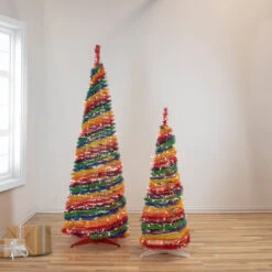 6' Pre-Lit Rainbow Tinsel Pop-Up Artificial Christmas Tree, Clear Lights -Beauty Wreaths Shop northlight sm92176 sm92175 38519.1667530311