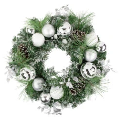 Green Pine Needle Wreath With Pinecones And Christmas Ornaments, 24-Inch, Unlit
